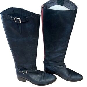 Frye Melissa Black Leather Back Zip Riding Boots Red Zipper Detail Womens 7.5